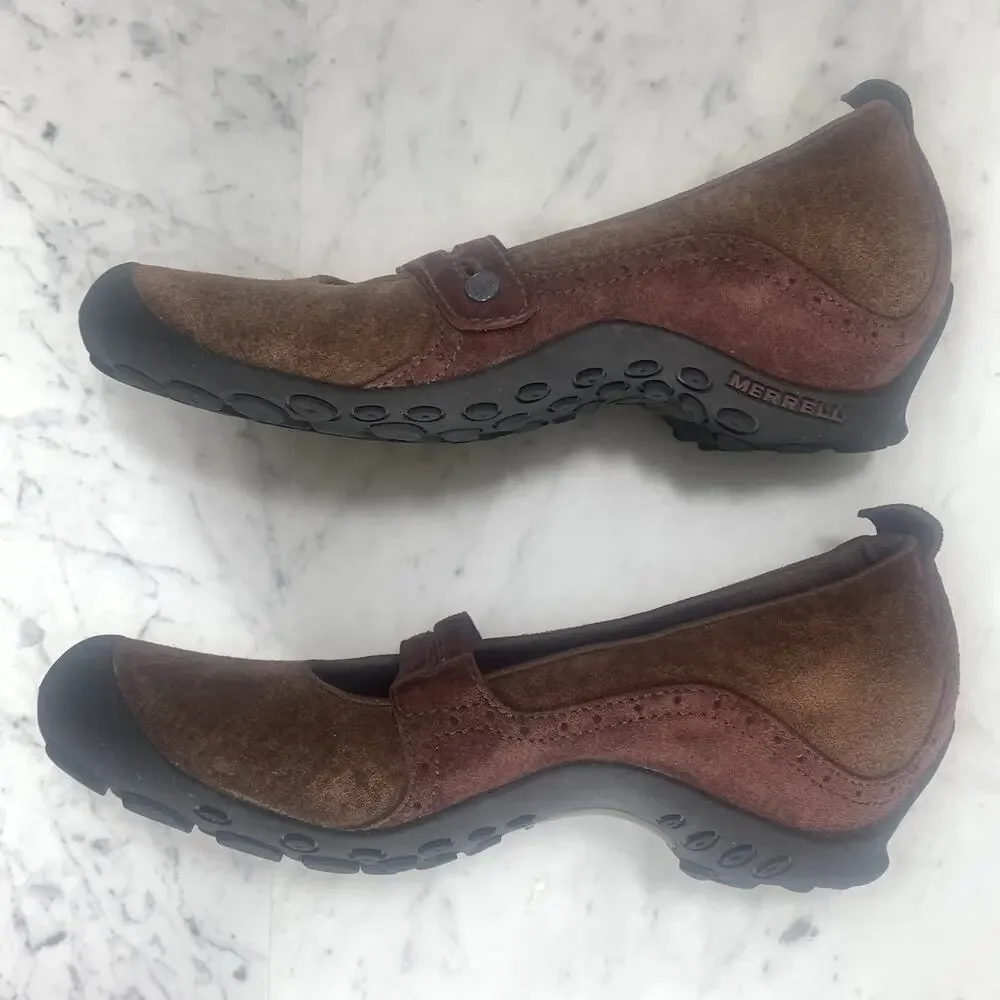 MERRELL Plaza Bandeau Mary Jane Women 9.5 Cherry Oak Brown Suede Slip-On EUC